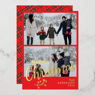 Elegante Tartan-Karo-Familie 2 Foto Weihnachten Folien Feiertagskarte