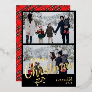 Elegante Tartan-Karo-Familie 2 Foto-Weihnachten  Folien Feiertagskarte