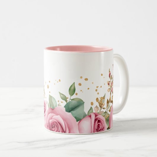 Elegante Tasse mit Rosen und Grünpflanzen (VorderseiteRechts)