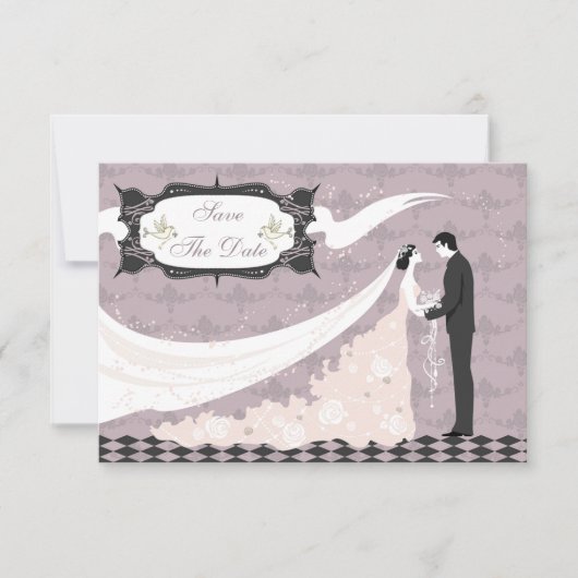 Elegante Tauben, Braut und Bräutigam Save the Date (Vorderseite)