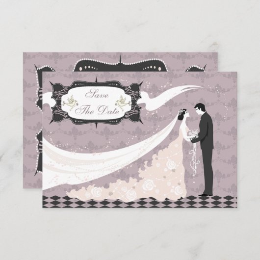 Elegante Tauben, Braut und Bräutigam Save the Date (Vorne/Hinten)