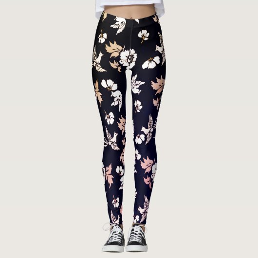 Elegante Tauben und Blume im dunklen Hintergrund Leggings (Vorderseite)
