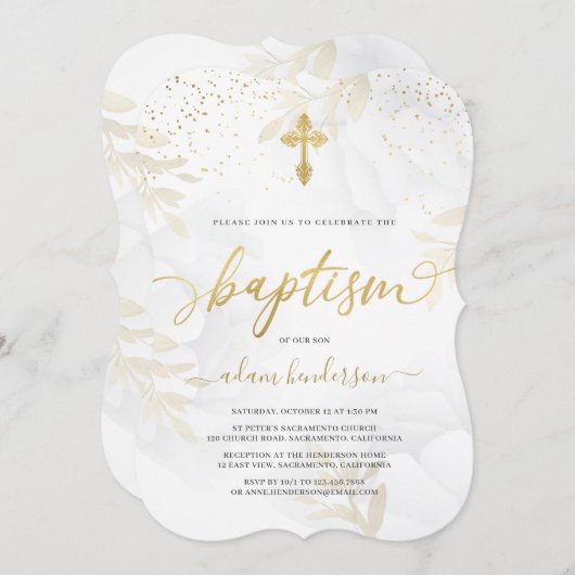 Elegante Taufe aus Gold und Weiß Einladung (Vorne/Hinten)
