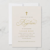Elegante Taufe Beige Champagne Script Cross Einladung (Vorderseite)