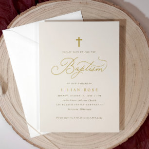 Elegante Taufe Beige Champagner Schrift Kreuz Einladung