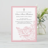 Elegante Taufe Blush Pink Line Gezeichnet Bloral Einladung (Stehend Vorderseite)