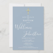 Elegante Taufe Christening Gold Cross Dusty Blue Save The Date (Vorderseite)
