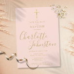 Elegante Taufe Christening Gold Script Blush Pink Save The Date<br><div class="desc">Elegante Taufe,  die goldene Unterschrift Save the Date mit einem eleganten goldenen Schriftnamen tauft. Personalisieren Sie Ihre Taufe oder Taufinformationen in schicken goldenen Schriften auf einem rot-rosa Hintergrund. Entwickelt von Thisisnotme©</div>