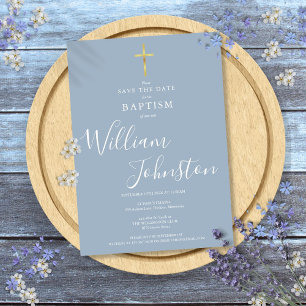 Elegante Taufe Christening Goldkreuz Staubblau Save The Date