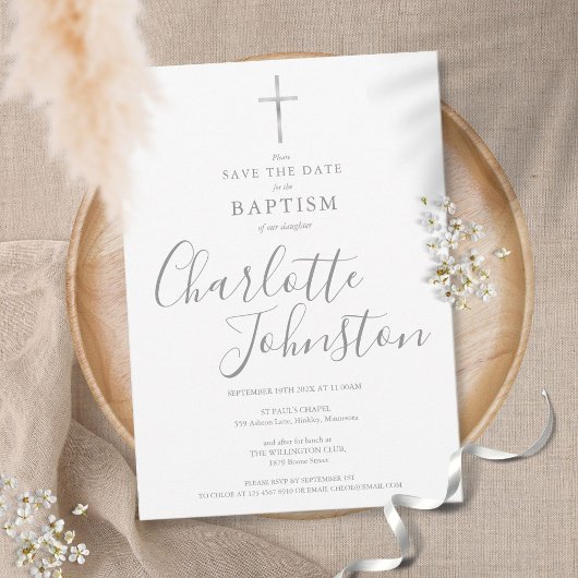 Elegante Taufe Christening Silver Signature Save The Date