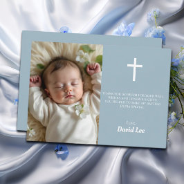 Elegante Taufe Christening White Cross Dusty Blue Dankeskarte