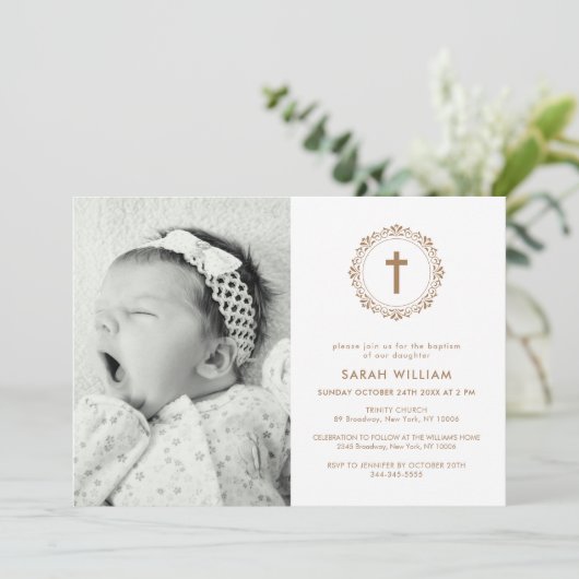Elegante Taufe des klassischen Fotos Einladung (Stehend Vorderseite)