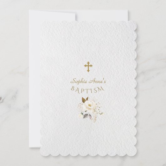 Elegante Taufe des Weißen Goldenen Blütenkreuzers Einladung (Rückseite)