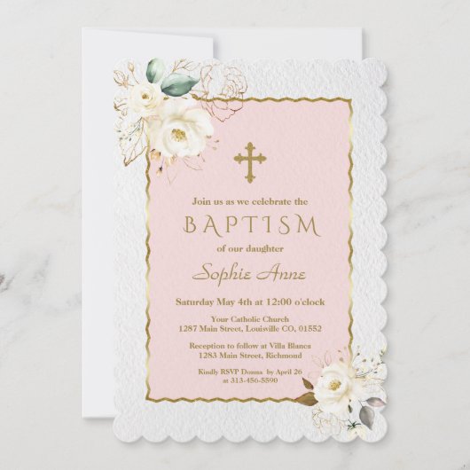 Elegante Taufe des Weißen Goldenen Blütenkreuzers Einladung (Vorderseite)