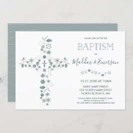 Elegante Taufe-Einladung - Blumenkreuz Einladung