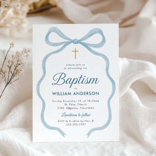 Elegante Taufe Einladung mit Blue Bow und Cross