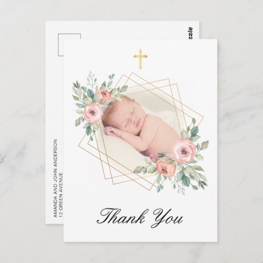 Elegante Taufe floral Vielen Dank Postkarte (Vorne/Hinten)