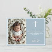 Elegante Taufe Foto Collage Dusty Blue Dankeskarte (Stehend Vorderseite)