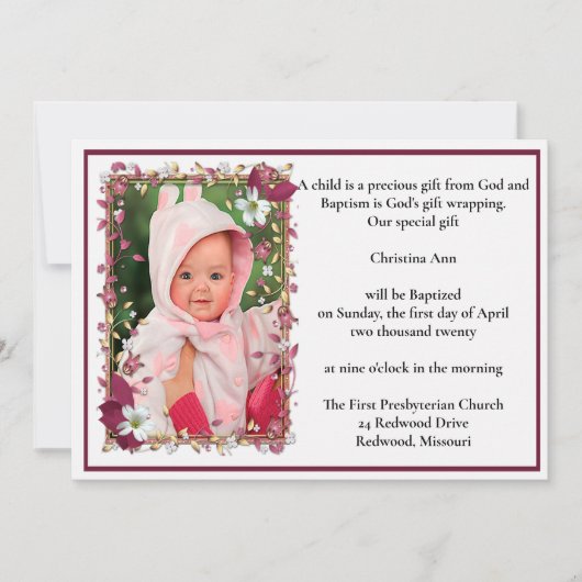 Elegante Taufe für Rote Flora Einladung (Vorderseite)