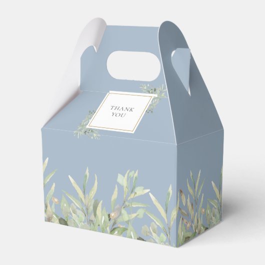 Elegante Taufe Grüne Blätter Dusty Blue Geschenkschachtel (Rückseite)