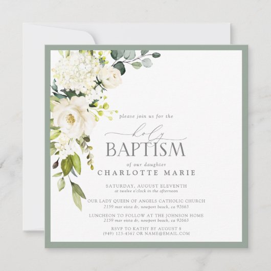 Elegante Taufe in weißem Sage Grünes Wasserfarbenf Einladung (Vorderseite)