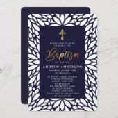Elegante Taufe mit Gold und Navy Blue Boy Einladung (Vorne/Hinten)