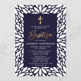 Elegante Taufe mit Gold und Navy Blue Boy Einladung