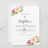 Elegante Taufe mit rosa Blumen Einladung (Vorderseite)