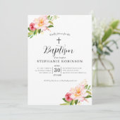 Elegante Taufe mit rosa Blumen Einladung (Stehend Vorderseite)