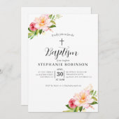 Elegante Taufe mit rosa Blumen Einladung (Vorne/Hinten)