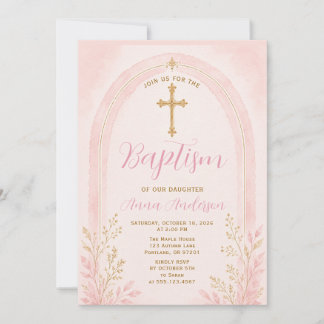 Elegante Taufe Pink Gold Kreuz Floral Bogen Boho Einladung