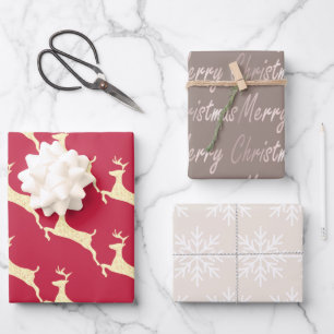 Elegante Taupe Cream Rote Rentiere Snowflake Geschenkpapier Set
