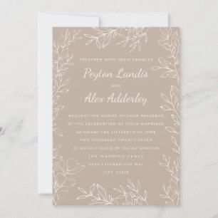 Elegante Taupe-Creme-Botanik-Linienkunst-Hochzeit Einladung