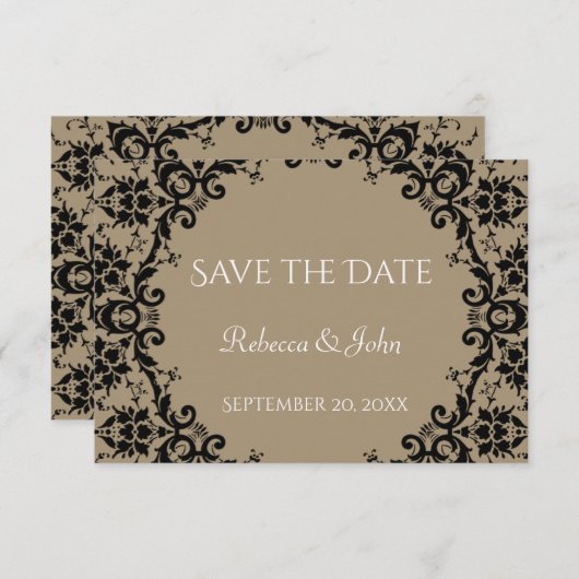 Elegante Taupe Damask Blumenhochzeit Save The Date (Vorne/Hinten)