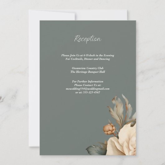 Elegante Taupe mit grüner Blütenhochzeit Einladung (Rückseite)