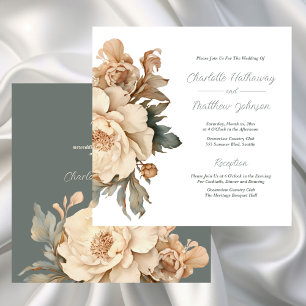 Elegante Taupe mit grüner Blütenhochzeit Einladung