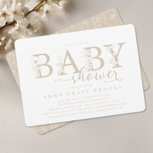 Elegante Taupe-Neutrale Florale Babyparty-Typograp
