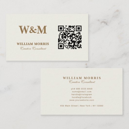 Elegante Taupe QR-Code-Logo-Vorlage Visitenkarte (Vorne/Hinten)