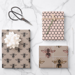 Elegante Taupe, Schwarz und Rosa Bienen  Geschenkpapier Set