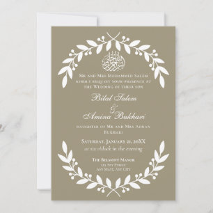 Elegante Taupe und White Leaf Islamische Hochzeit Einladung