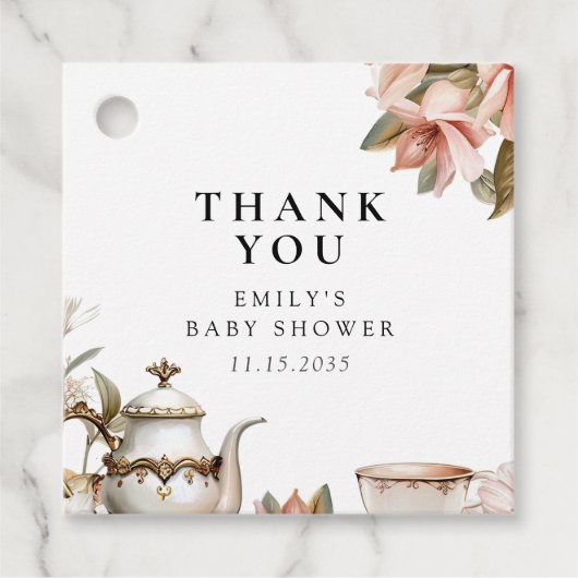 Elegante Tea Party Babydusche Geschenkanhänger (Vorderseite)