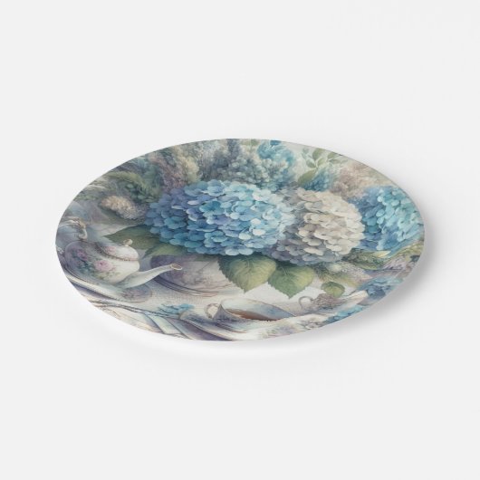 Elegante Tea Party Blue Hydrangea Papierplatte Pappteller (Schrägansicht)