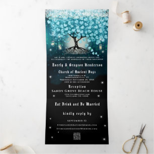 Elegante Teal-Aqua-Herz-Blatt-Hochzeit Alles in Ei Dreifach Gefaltete Einladung