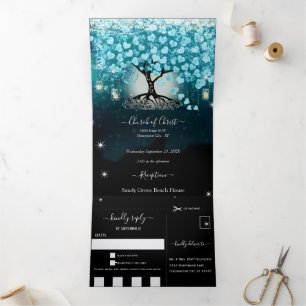 Elegante Teal-Aqua-Herz-Blatt-Hochzeit Alles in Ei Dreifach Gefaltete Einladung