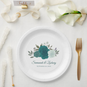 Elegante Teal-Aquarell-Boho-Chic-Rosen-Hochzeit Pappteller