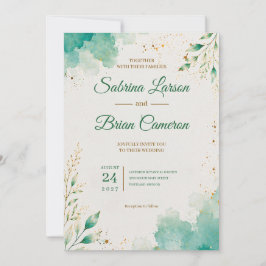 Elegante Teal-Aquarell-Botanik-Gold-Hochzeit Einladung
