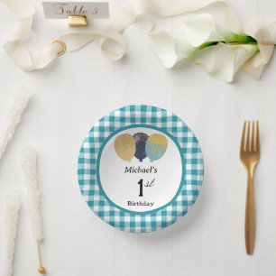 Elegante Teal Blau Gingham & Luftballons 1. Geburt Pappteller
