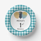 Elegante Teal Blau Gingham & Luftballons 1. Geburt Pappteller (Vorderseite)
