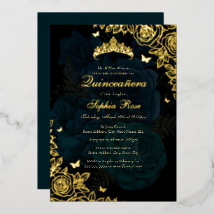 Elegante Teal Blau Gold Rose Quinceanera Folieneinladung