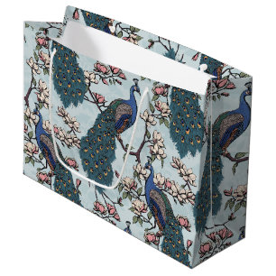 Elegante Teal Blumen Pfauen und Magnolienblüten Große Geschenktüte